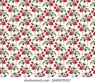 Floral ornamental pattern. Strawberries with fruits and flowers on a colored background . Vector illustration for banners, postcards, flyers, wallpapers for social networks, textiles, tablecloths, nap