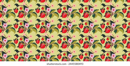 Floral ornamental pattern. Strawberries with fruits and flowers on a colored background . Vector illustration for banners, postcards, flyers, wallpapers for social networks, textiles, tablecloths, nap