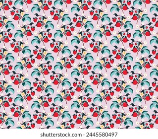 Floral ornamental pattern. Strawberries with fruits and flowers on a colored background . Vector illustration for banners, postcards, flyers, wallpapers for social networks, textiles, tablecloths, nap