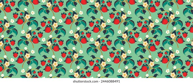 Floral ornamental pattern. Strawberries with fruits and flowers on a colored background . Vector illustration for banners, postcards, flyers, wallpapers for social networks, textiles, tablecloths, nap