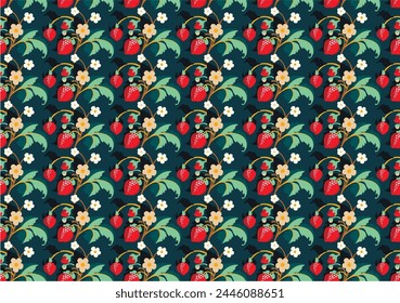 Floral ornamental pattern. Strawberries with fruits and flowers on a colored background . Vector illustration for banners, postcards, flyers, wallpapers for social networks, textiles, tablecloths, nap