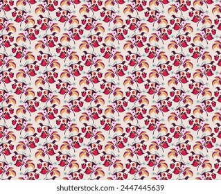 Floral ornamental pattern. Strawberries with fruits and flowers on a colored background . Vector illustration for banners, postcards, flyers, wallpapers for social networks, textiles, tablecloths, nap