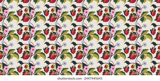 Floral ornamental pattern. Strawberries with fruits and flowers on a colored background . Vector illustration for banners, postcards, flyers, wallpapers for social networks, textiles, tablecloths, nap