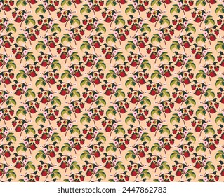 Floral ornamental pattern. Strawberries with fruits and flowers on a colored background . Vector illustration for banners, postcards, flyers, wallpapers for social networks, textiles, tablecloths, nap