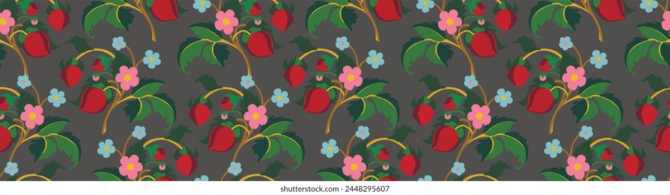 Floral ornamental pattern. Strawberries with fruits and flowers on a colored background . Vector illustration for banners, postcards, flyers, wallpapers for social networks, textiles, tablecloths, nap