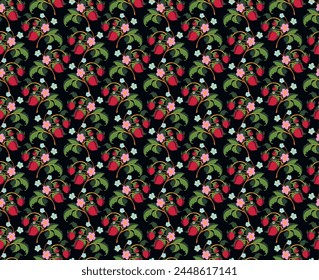 Floral ornamental pattern. Strawberries with fruits and flowers on a colored background . Vector illustration for banners, postcards, flyers, wallpapers for social networks, textiles, tablecloths, nap