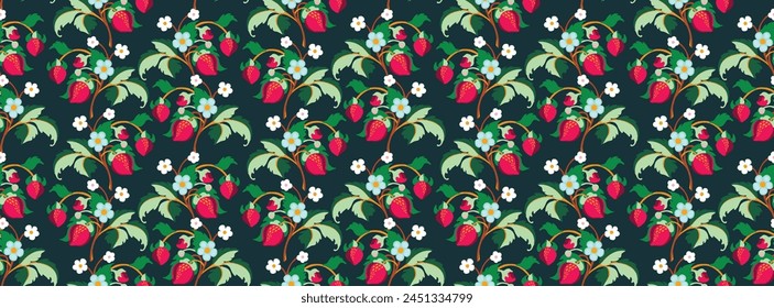 Floral ornamental pattern. Strawberries with fruits and flowers on a colored background . Vector illustration for banners, postcards, flyers, wallpapers for social networks, textiles, tablecloths, nap