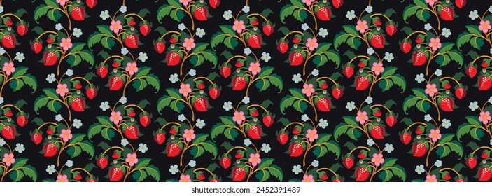 Floral ornamental pattern. Strawberries with fruits and flowers on a colored background . Vector illustration for banners, postcards, flyers, wallpapers for social networks, textiles, tablecloths, nap