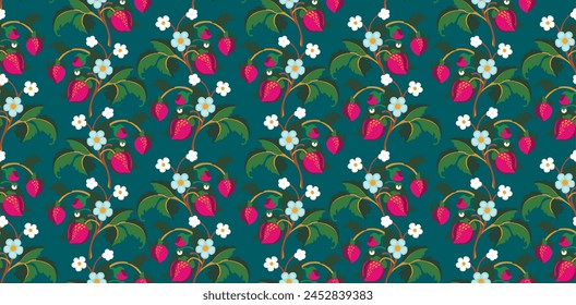 Floral ornamental pattern. Strawberries with fruits and flowers on a colored background . Vector illustration for banners, postcards, flyers, wallpapers for social networks, textiles, tablecloths, nap