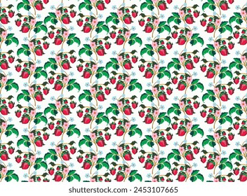 Floral ornamental pattern. Strawberries with fruits and flowers on a colored background . Vector illustration for banners, postcards, flyers, wallpapers for social networks, textiles, tablecloths, nap