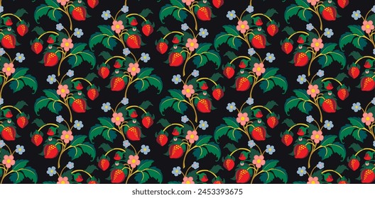 Floral ornamental pattern. Strawberries with fruits and flowers on a colored background . Vector illustration for banners, postcards, flyers, wallpapers for social networks, textiles, tablecloths, nap