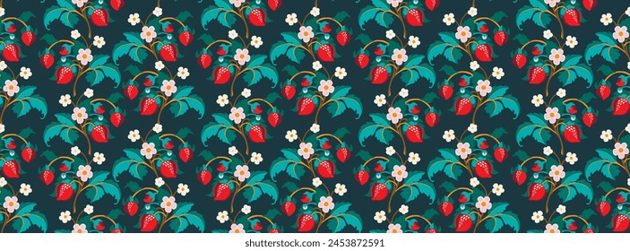 Floral ornamental pattern. Strawberries with fruits and flowers on a colored background . Vector illustration for banners, postcards, flyers, wallpapers for social networks, textiles, tablecloths, nap