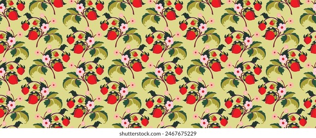 Floral ornamental pattern. Strawberries with fruits and flowers on a colored background . Vector illustration for banners, postcards, flyers, wallpapers for social networks, textiles, tablecloths, nap