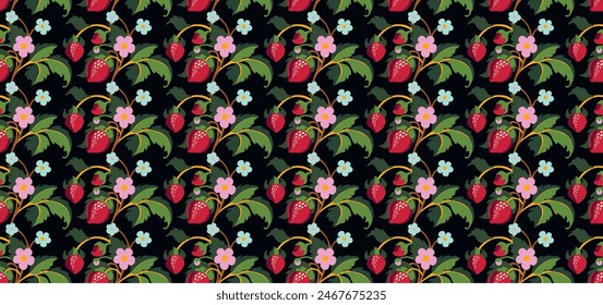 Floral ornamental pattern. Strawberries with fruits and flowers on a colored background . Vector illustration for banners, postcards, flyers, wallpapers for social networks, textiles, tablecloths, nap