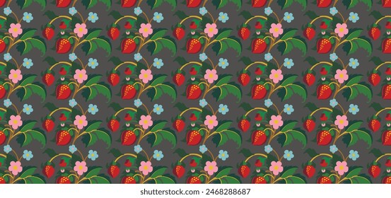 Floral ornamental pattern. Strawberries with fruits and flowers on a colored background . Vector illustration for banners, postcards, flyers, wallpapers for social networks, textiles, tablecloths, nap