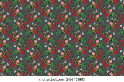 Floral ornamental pattern. Strawberries with fruits and flowers on a colored background . Vector illustration for banners, postcards, flyers, wallpapers for social networks, textiles, tablecloths, nap