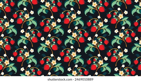 Floral ornamental pattern. Strawberries with fruits and flowers on a colored background . Vector illustration for banners, postcards, flyers, wallpapers for social networks, textiles, tablecloths, nap