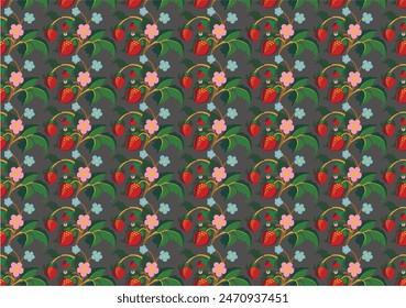 Floral ornamental pattern. Strawberries with fruits and flowers on a colored background . Vector illustration for banners, postcards, flyers, wallpapers for social networks, textiles, tablecloths, nap