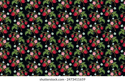 Floral ornamental pattern. Strawberries with fruits and flowers on a colored background . Vector illustration for banners, postcards, flyers, wallpapers for social networks, textiles, tablecloths, nap