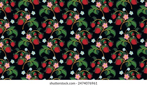 Floral ornamental pattern. Strawberries with fruits and flowers on a colored background . Vector illustration for banners, postcards, flyers, wallpapers for social networks, textiles, tablecloths, nap