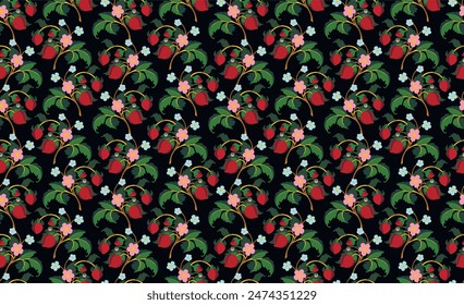 Floral ornamental pattern. Strawberries with fruits and flowers on a colored background . Vector illustration for banners, postcards, flyers, wallpapers for social networks, textiles, tablecloths, nap