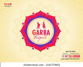Floral ornamental poster or flyer design with floral frame, date, time and venue details for Garba Night event concept.