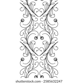 Floral ornamental seamless border. Elegant lacy design of swirls and curved lines. Mosaic tile background. Monochrome classic plant graphic ornament for wallpaper, textile, design projects