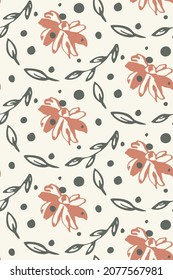 Patrón floral ornamental sin costuras. Flor de trazo de pincel de tinta dibujado a mano, rama de hojas, paleta de color rojo gris. Color de fondo fácil de editar en blanco crema. Vector