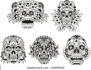 Floral ornamental skulls. Set of black and white vector illustrations.