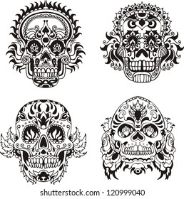 Calaveras ornamentales florales. Conjunto de ilustraciones vectoriales en blanco y negro.