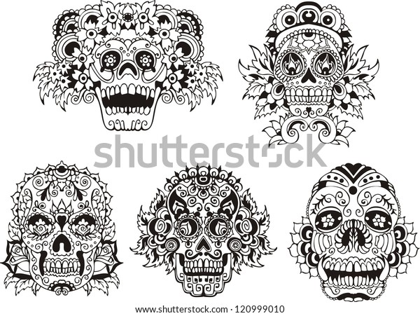 Floral Ornamental Skulls Set Black White Stock Vector (Royalty Free ...