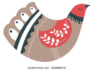 Floral ornaments and decoration on bird wings, isolated hummingbird or fowl with colored feathers. Papercut or handmade toy, botany floral twigs and branches. Wild animal. Vector in flat style