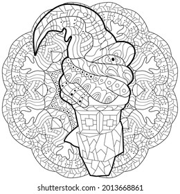 Floral, ornate, decorative, sweet dessert composition with mandala. Black and white background. Zentangle coloring book page. Ice cream.