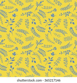 Floral ornate doodle seamless pattern in yellow and blue. Vector illustration. For backgrounds, wallpapers, wrapping paper, textile.