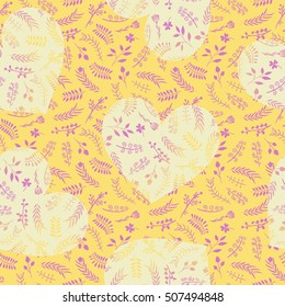 Floral ornate doodle seamless pattern with hearts in yellow color. Romantic design for wedding and Valentine's day. For backgrounds, wallpapers, wrapping paper, textile, prints. 