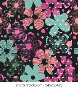 Floral ornate pattern. Seamless romantic design with beauty flowers on black background