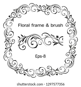 Floral ornate rounded rectangle Wreath isolated on white background and brush. Vintage frame for Save the Date Card, Wedding Vector Element for invitation, Covers. Eps-8
