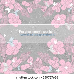Floral ornate sample text background with dragonflies and butterflies
