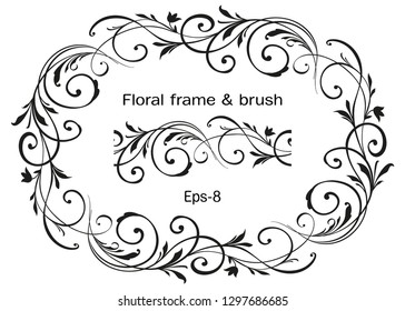 Floral ornate Wreath isolated on white background and brush. Engraved Vector Element. Vintage frame for Save the Date Card, Wedding invitation, Covers. Eps-8