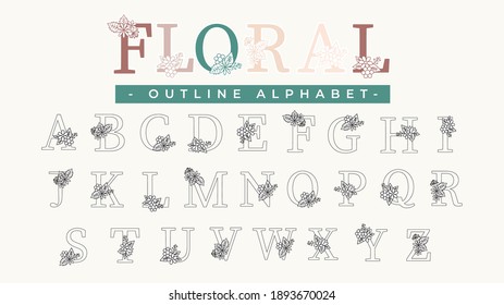 FLORAL outline alphabet font uppercase letters with flowers leaves can be di-cut Vector illustration for wedding, greeting cards, invitations template design