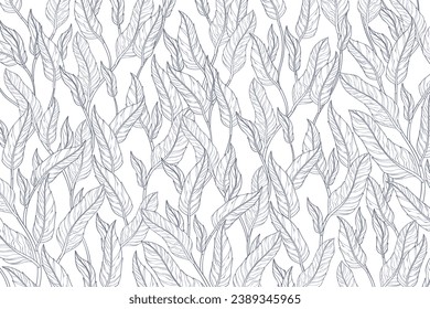 Floral outline background. Luxury nature leaves pattern design. leaf line arts. Hand drawn outline design for fabric, print, banner, Cover, invitation. Vector illustration. Tropical leaf Wallpaper.