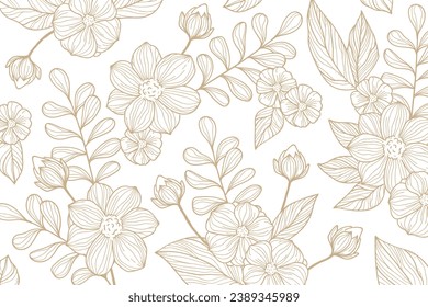 Floral outline background. Luxury nature leaves pattern design. leaf line arts. Hand drawn outline design for fabric, print, banner, Cover, invitation. Vector illustration. Tropical leaf Wallpaper.