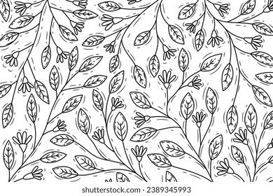 Floral outline background. Luxury nature leaves pattern design. leaf line arts. Hand drawn outline design for fabric, print, banner, Cover, invitation. Vector illustration. Tropical leaf Wallpaper.