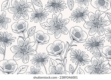 Floral outline background. Luxury nature leaves pattern design. leaf line arts. Hand drawn outline design for fabric, print, banner, Cover, invitation. Vector illustration. Tropical leaf Wallpaper.