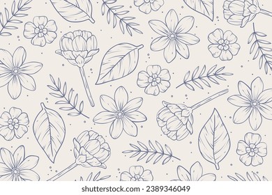 Floral outline background. Luxury nature leaves pattern design. leaf line arts. Hand drawn outline design for fabric, print, banner, Cover, invitation. Vector illustration. Tropical leaf Wallpaper.