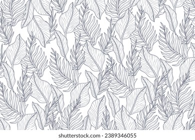 Floral outline background. Luxury nature leaves pattern design. leaf line arts. Hand drawn outline design for fabric, print, banner, Cover, invitation. Vector illustration. Tropical leaf Wallpaper.