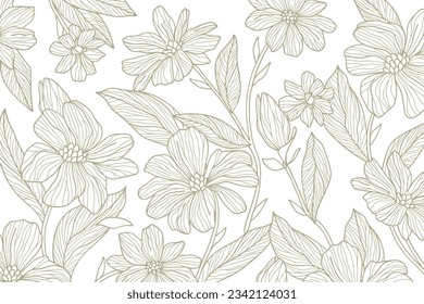 Floral outline background. Tropical leaf Wallpaper, Luxury nature leaves pattern design. leaf line arts. Hand drawn outline design for fabric, print, cover, banner and invitation. Vector illustration.