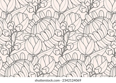 Floral outline background. Tropical leaf Wallpaper, Luxury nature leaves pattern design. leaf line arts. Hand drawn outline design for fabric, print, cover, banner and invitation. Vector illustration.