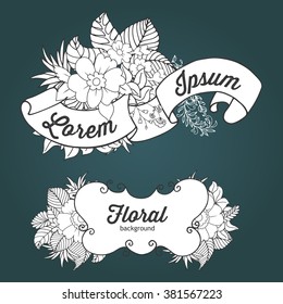 Floral outline doodle compositions with banner for text and floral elements on dark background. Very useful for greeting, invitation, poster