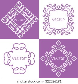 Floral outline frames and borders. Monogram mono line style. Vector design element